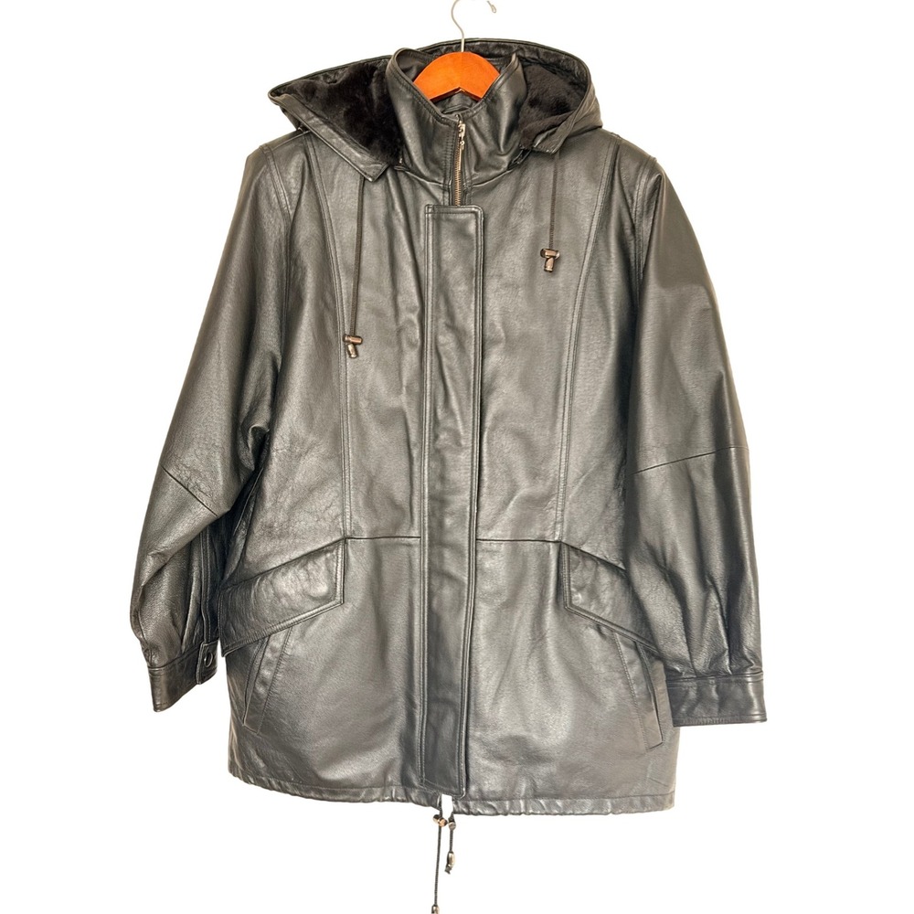 Croft & Barrow Parka Womens M Black Leather Zip-Out Faux Fur Lining EUC
